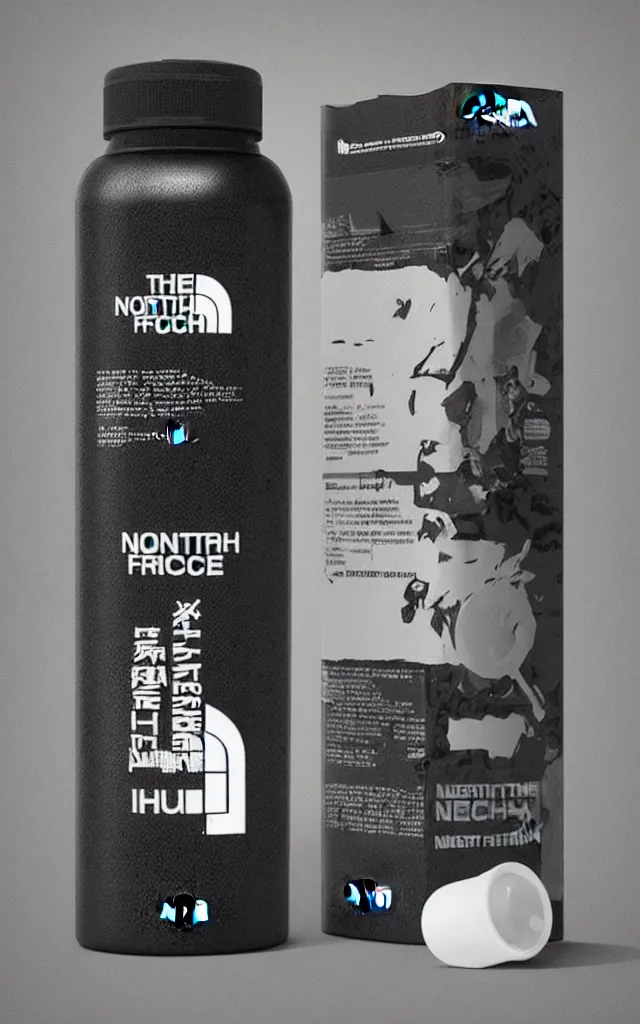Prompt: the north face high tech dietary supplement bottle filled with dense white liquid, round bottle, black top, concept art, matte, sharp focus, illustration, art by aenaluck,