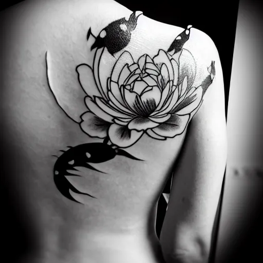 Prompt: black and white tattoo of koi fish with camelia flowers, on white background, japanese traditional style, stylized,