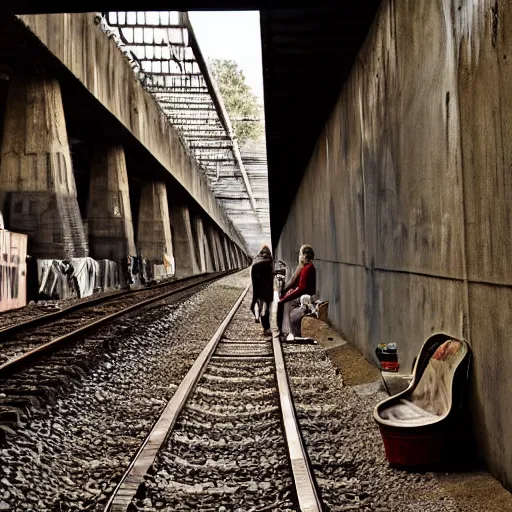 Image similar to poor people life under railway bridge, award winning, realistic, 4 k, hyper details, portrait by steve mccury and annie leibovitz and chindy sherman