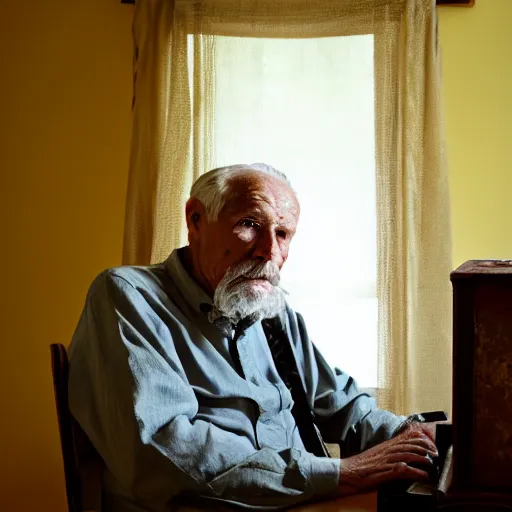 Prompt: Portrait of a very old grandpa sitting at a very old desk, with very old curtains in the room. The desk has a very old phone on it. Dusty air. Interview.