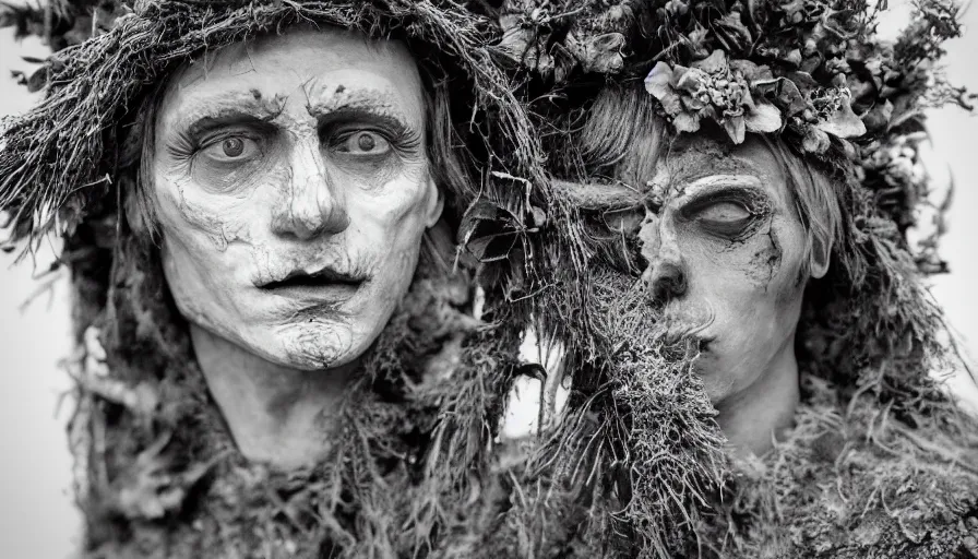 Image similar to portrait of a tyrolean folklore mask, dolomite, forest, wearing hay coat, with horns, eerie, flowers growing out of his body, detailed intricate insanely detailed octane render, 8k artistic 1920s photography, black and white, grainy, photorealistic, chiaroscuro, by David Cronenberg, Raphael, Caravaggio