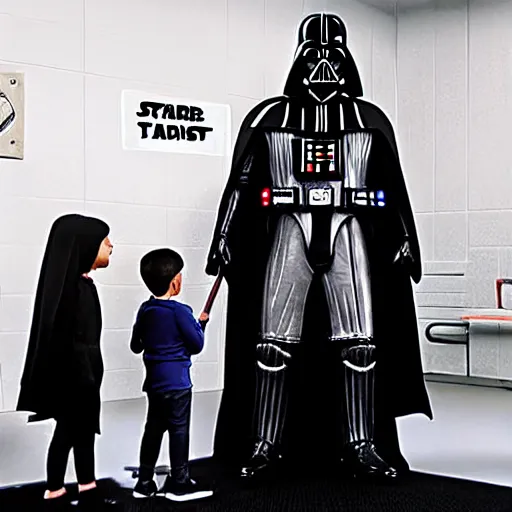 Image similar to “Darth Vader in school room with kids, movie scene, ultra realistic”