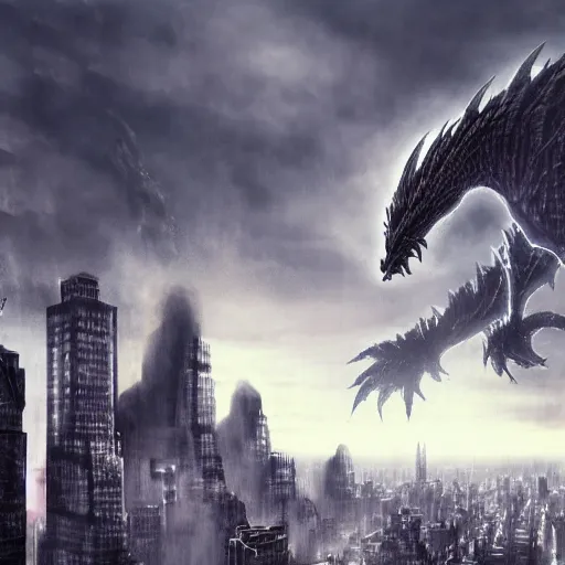 Prompt: Kaiju towering above New York, dark souls concept art, dramatic lighting, highly stylized, high-quality wallpaper, desktopography W -1024