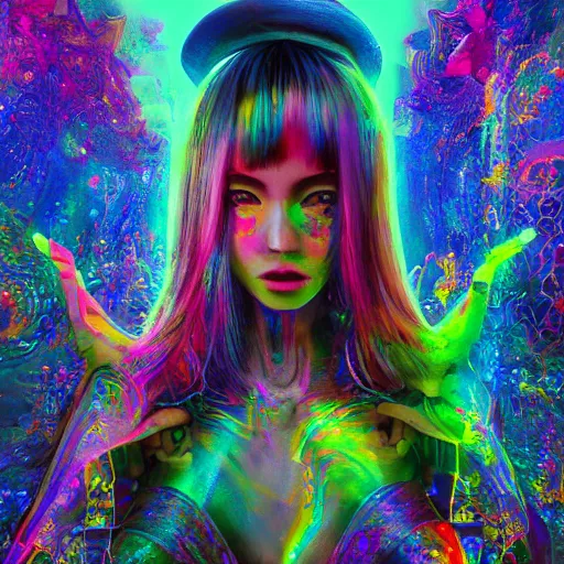 Image similar to Extreme long Shot of psychodelic Ellie in mysterious astral temple jumpin with pistol in river of chromatic SPIRITS , beautiful, dmt, trending on artstation, omnious, soft, hypermaximalistic, high details, cinematic, 8k resolution, artwork by Wong, Liam