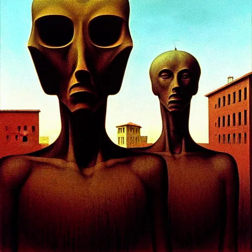 Image similar to dystopian surreal painting of eerie head statues surrounded by buildings by zdzisław beksinski and caravaggio