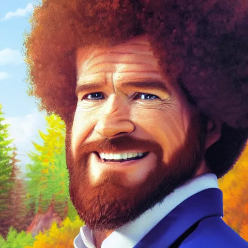 Prompt: a closeup photorealistic photograph of bob ross detailing a canvas painting of iron man. mountains and trees. film still. brightly lit scene. this 4 k hd image is trending on artstation, featured on behance, well - rendered, extra crisp, features intricate detail, epic composition and the style of unreal engine.