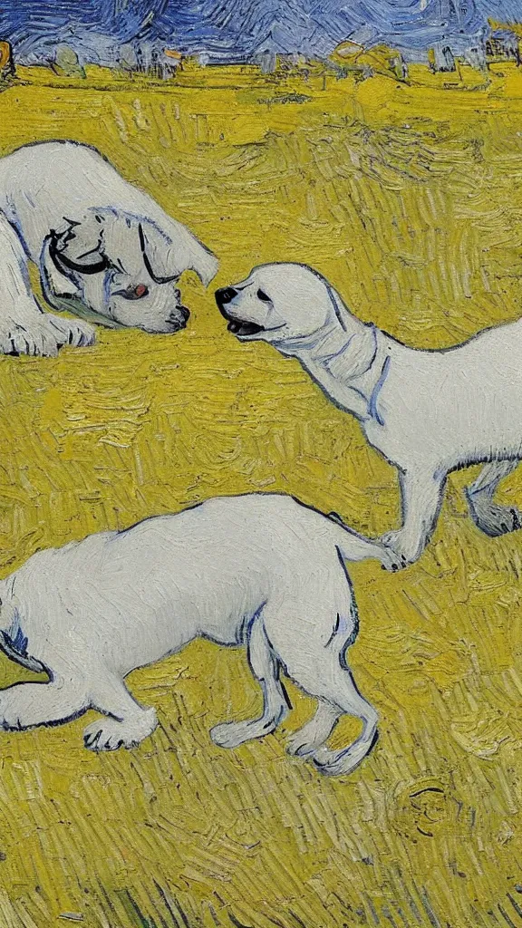 Prompt: A white and yellow dog was rolling in the field,In the style of Van Gogh.