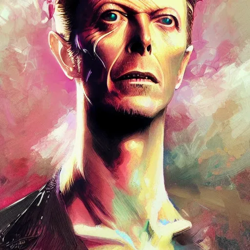 Image similar to Portrait of David Bowie, intricate, wild, highly detailed, digital painting, artstation, concept art, smooth, sharp focus, illustration, art by artgerm and greg rutkowski and alphonse mucha and Hajime Sorayama