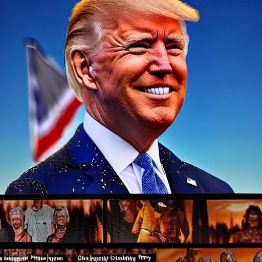 Image similar to a very very detailed photo of Joe Biden attending Burning Man on the Playa with Donald Trump both covered in body glitter, very very detailed, photorealism, Photoshop, very coherent, HD