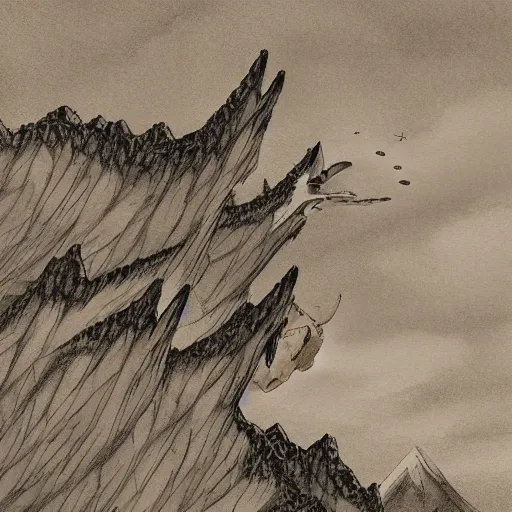 Image similar to dragons circling a tall mountain spire, by kon satoshi