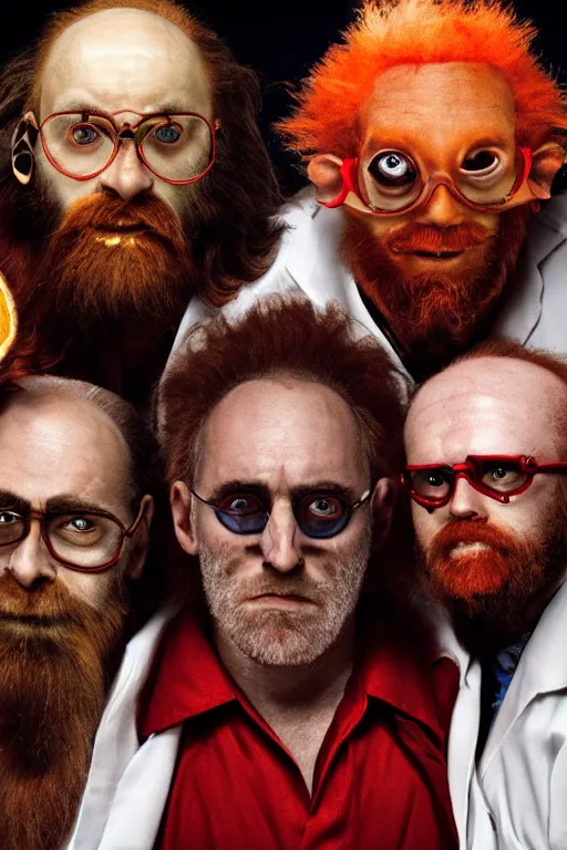 Image similar to a man with 3 eyes, man with a 3rd eye in the middle of his forehead, an awkwardly tall mad scientist with a 3rd eye a tangled orange beard balding head and unruly red hair wearing a labcoat, high resolution film still, movie by Robert Zemeckis and Ivan Reitman, 3rd eye in the middle of his forehead