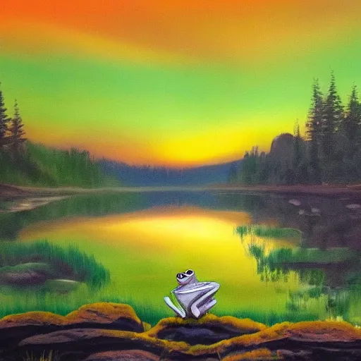 Image similar to frog that looks like bob ross painting a beuatifull painting of a river in the mountains and a beautiful sunset, photorealistic