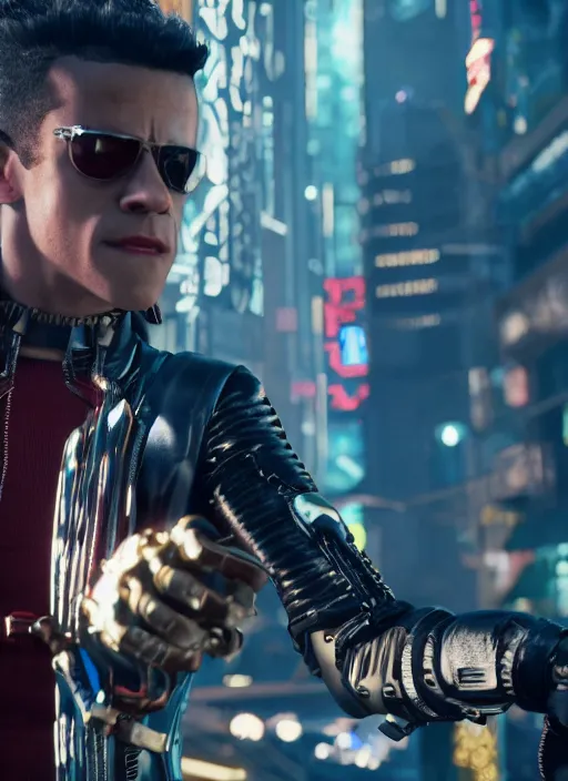 Prompt: film still of Rami Malek as Johnny Silverhand in Cyberpunk 2077, gameplay, 8k, HD