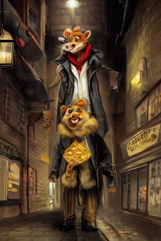 Prompt: Chuck E. Cheez wearing a trench coat, standing in an alley way, lit by streetlight, dealing illegal cheese, artstation, by J. C. Leyendecker and Peter Paul Rubens,