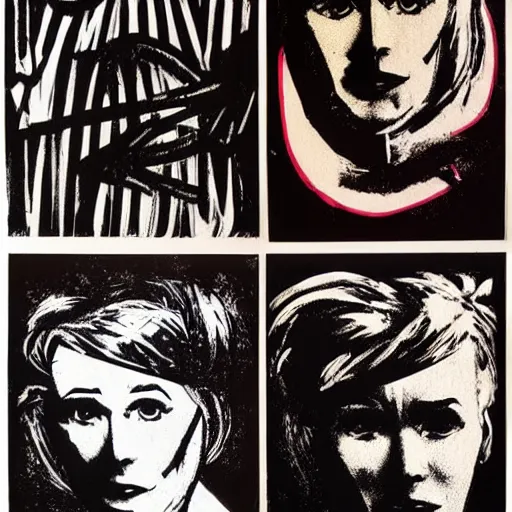 Image similar to silkscreen and lithography to create pictures of cyborgs in the style of andy warhol