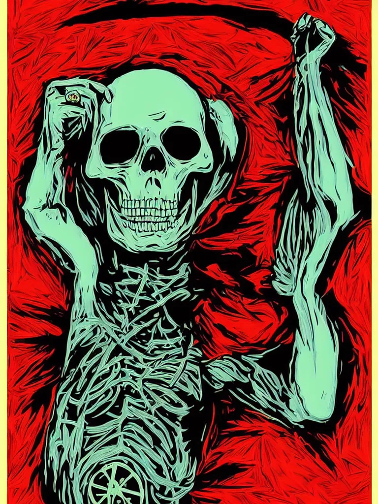 Prompt: portrait of skeletor, poster, fear, ominous, danger, by shepard fairey