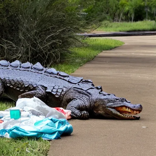 Image similar to one large alligator on a leash sleeping next to a very large mound of trash, papers, junk, and metal parts