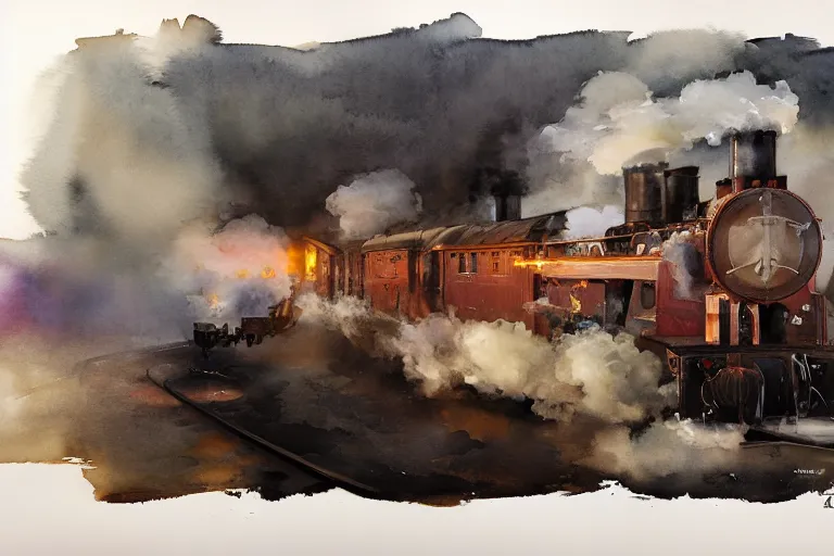 Image similar to small centered on watercolor paper, paint brush strokes, abstract watercolor painting of steam train interior, cinematic light, national romanticism by anders zorn, by hans dahl, by jesper ejsing, by greg rutkowski, by greg manchess, by tyler edlin, by craig mullins