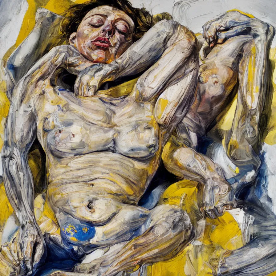 Prompt: high quality painting by lucian freud and jenny saville, hd, high contrast, fine details, mangenta, hd, blue, yellow