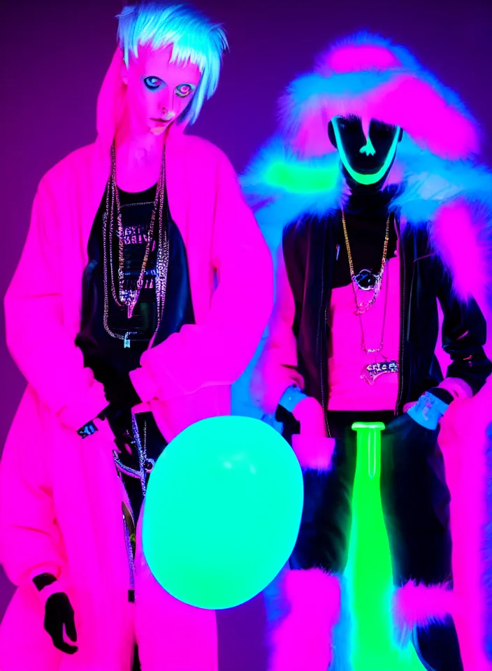 Prompt: Die Antwoord style wear, bubble gum, neon light, balenciaga fashion, glowing pink, vibrant blue, black, white, golden layers, fashion studio lighting