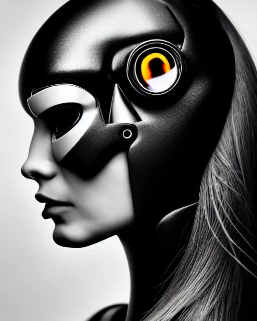 Image similar to a profile portrait, a stunning young woman - cyborg with a mutant crow head, editorial photography, bw, by roman sustov, shot on 7 0 mm, depth of field, f / 2. 8, high contrast, 1 6 k, volumetric lighting, shiny, insanely detailed and intricate, hypermaximalist, elegant, ornate, hyper realistic, super detailed