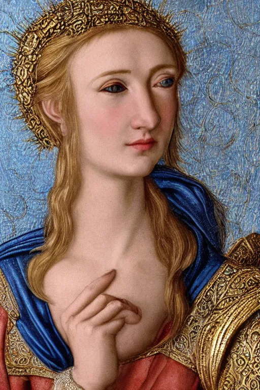 Image similar to hyper - realistic close - up mythological portrait of a medieval blonde with a huge amount of color in the сaravaggisti style, pale skin, in a silver silk robe, blue palette