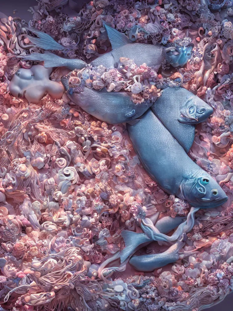 Image similar to a sculpture of fish ocean intertwined, led lighting, a lovely cornucopia of flowers and human body parts, body parts, highly detailed, octane render, cinematic, shock, sharp focus, ball, an independent psycho, clean, studio lighting