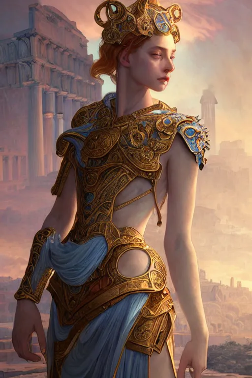 Image similar to portrait young knights of Zodiac girl, rose golden and ice blue reflected armor, in ruined Agora of Athens Sunrise, ssci-fi and fantasy, intricate and very very beautiful and elegant, highly detailed, digital painting, artstation, concept art, smooth and sharp focus, illustration, art by tian zi and WLOP and alphonse mucha