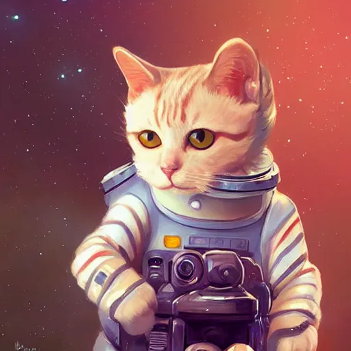 Image similar to head and shoulders masterpiece portrait of a cute adorable cat wearing a spacesuit, surreal background, digital art by krenz cushart, trending on artstation, cgsociety,