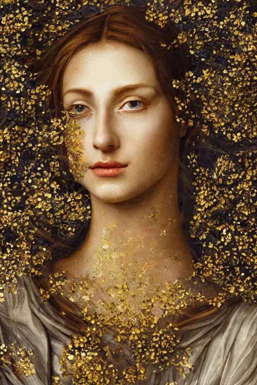 Prompt: hyperrealism close - up mythological portrait of a medieval woman's shattered face partially made of golden color flowers in style of classicism, pale skin, wearing silver dress, dark and dull palette