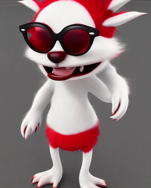 Image similar to 3 d render of completely red hairy friendly antropomorphic cartoony creature wearing white ray - ban shades, full body, simple, cute, white background, unreal engine 5 hdr