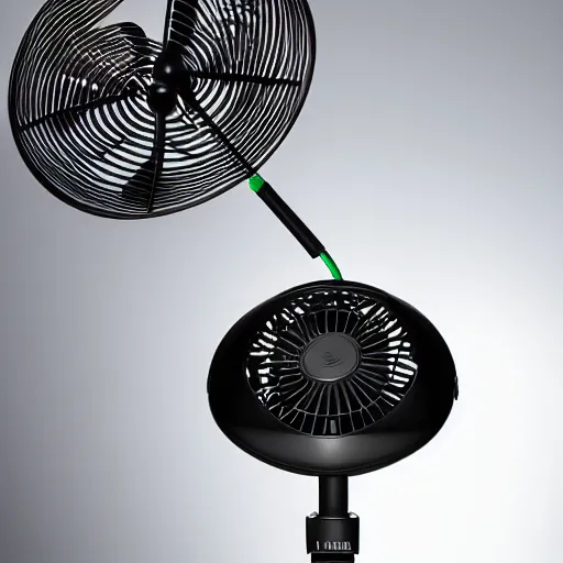 Prompt: desk fan with a tube attached to the back going all the way up to the cealing but not attached to the ceiling, professional photography, studio lighting