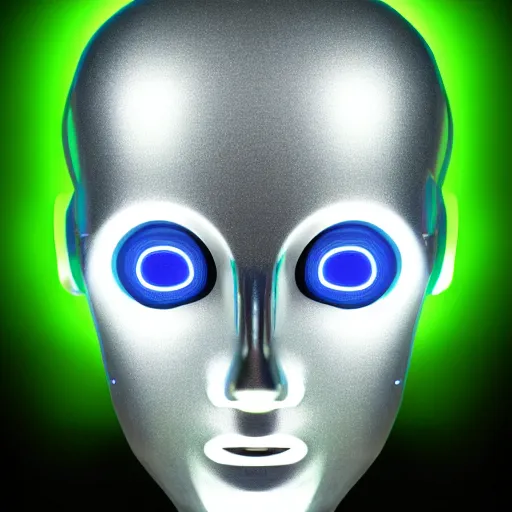 Prompt: head of a silver metallic shiny male humanoid robot, face has a tattoo of green glowing digital circuits, wearing a huge glowing blue and golden metallic maya sparkling diadem with blue cables and shiny metallic gears, white background - c 1 3 - w 1 0 2 4 - h 1 0 2 4 - n 4 - i