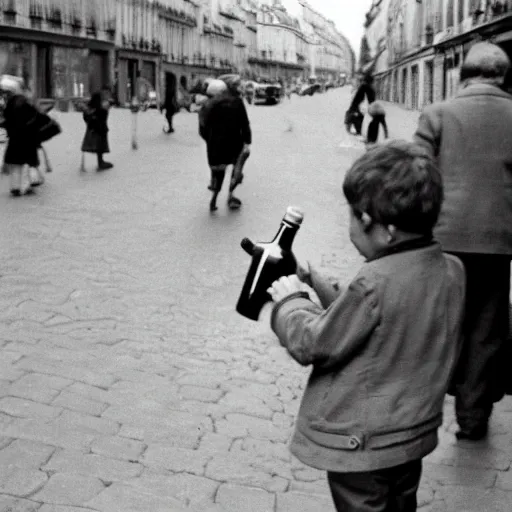 Image similar to the boy holding wine bottle in paris street, by henri cartier bresson,