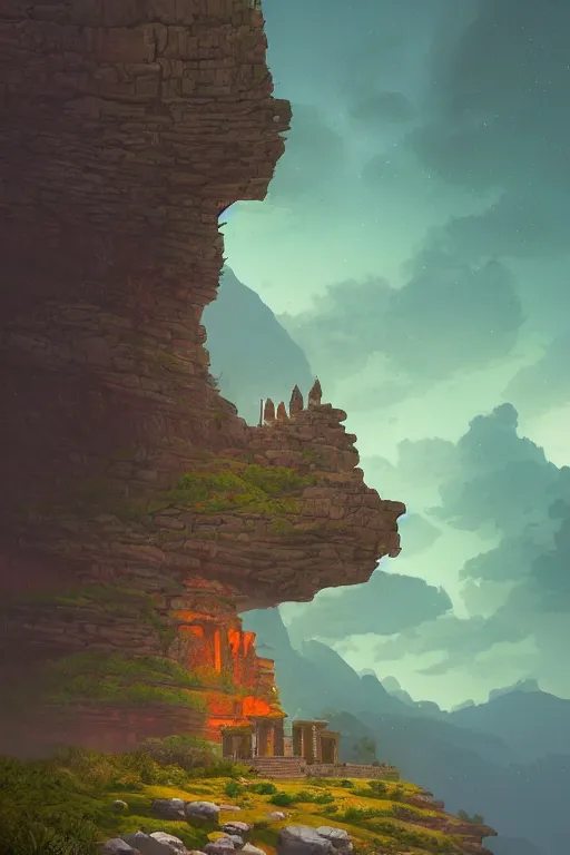 Prompt: ancient temple on a rocky cliff overlooking green canyon, shooting stars in the night sky, dramatic lighting, artstation, matte painting, ralph mcquarrie, simon stalenhag