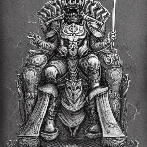 Image similar to pencil illustration. the emperor on his golden throne. 4 0 k. body horror.