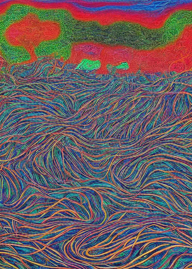 Prompt: beautiful dead meadow with a toxic waste stream landscape painted by Alex Grey