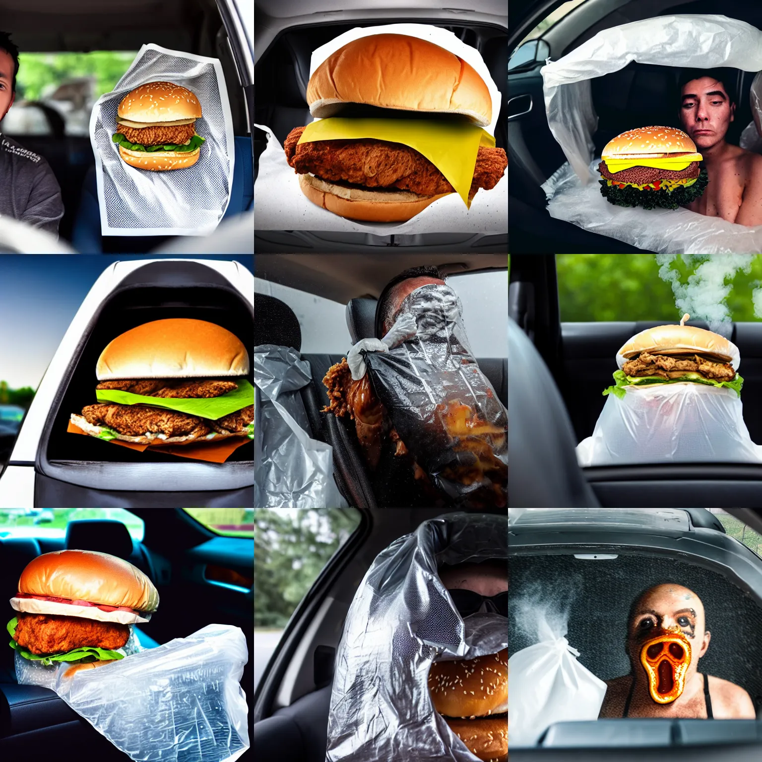 Prompt: steaming perforated garbage bag with human face oozing liquid inside car, chicken sandwich, fast food review, wide angle, specular highlights, fetid atmosphere