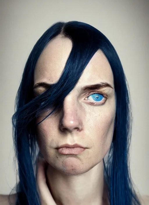 Image similar to portrait photograph of the most beautiful woman with a long dark blue hair, blue eyes, stern expression, david mccurry, lorenzo agius, alessio albi