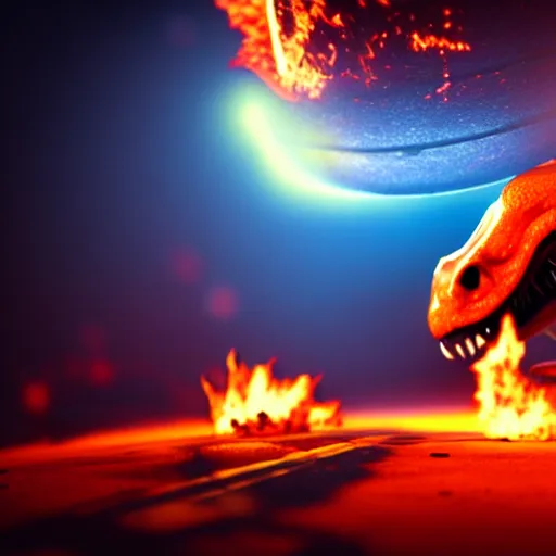 Image similar to an alien t-rex bursting out flames from its mouth in an unknown planet, octane render, bokeh, coherent, 3D