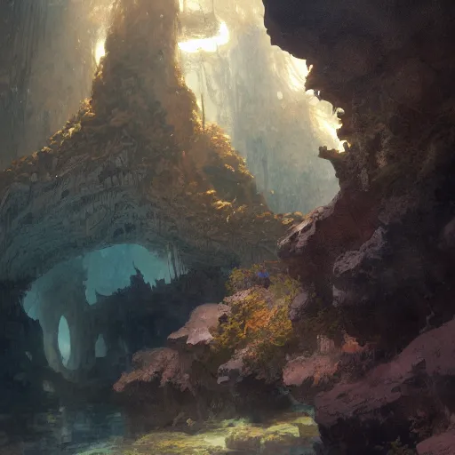 Prompt: masterpiece digital painting of underwater caves by kev walker and greg rutkowski and mucha, artstation, deviantart, closer view, cinematic lights