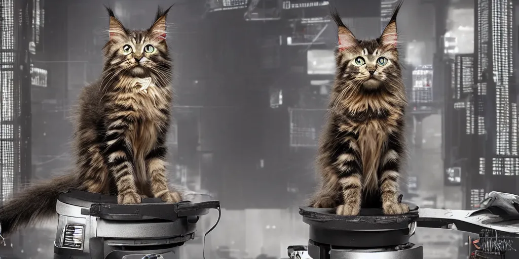 Prompt: a 3 d rendered movie still a of mainecoon robot kitten has become a cat scanning device. cyberpunk cat tree. digital art. science fiction blockbuster movie from the future, imax 7 0 mm. style of mandalorian ( american space western television series )