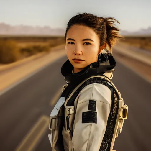 Image similar to photograph of a techwear woman, closeup, on a desert road with a futuristic city in the horizon, sigma 85mm f/1.4, 4k, depth of field, high resolution, 4k, 8k, hd, full color