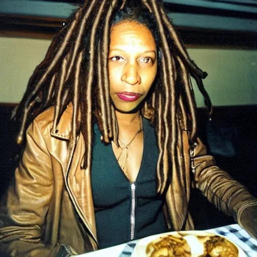 Image similar to jamaican woman with dreads wearing a leather jacket and a plaid miniskirt at a fancy restaurant, polaroid, by nan goldin, jamel shabbaz, gregg araki