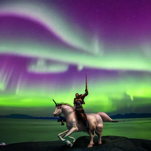 Prompt: warrior riding a pegasus unicorn through the aurora borealis, wielding a sword and shield, lighting, storm, by ricardo ow