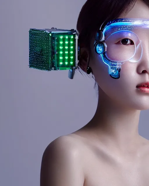 Prompt: beautiful centered photo portrait of korean girl as a solarpunk cyborg with white mechanical parts and implanted bright halogen lamps, treading on calm water, ultra - realistic and detailed, sun lit, white background, bokeh, soft focus, slow exposure hdr 8 k