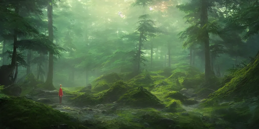 Image similar to a forest, oil painting, cinematic angle, hyperrealistic, volumetric lighting, breathtaking, Studio Ghibli, octane render, post-processing, epic composition, trending on artstation, masterpiece