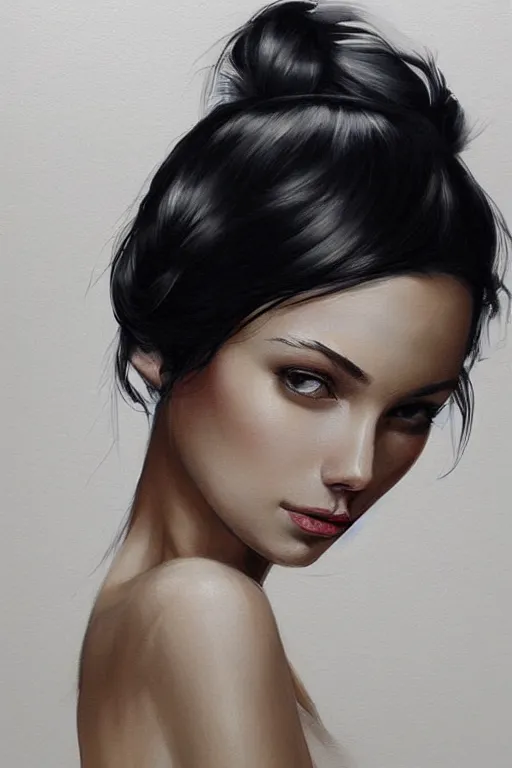 Prompt: portrait of a beautiful woman, black hair, attractive, casual, modern, highly detailed, concept art, smooth, sharp focus, illustration, art by thomas saliot