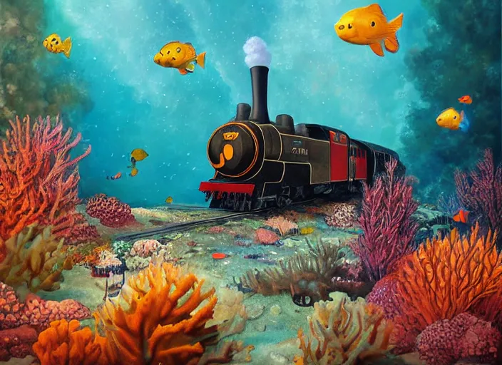 Image similar to epic cinematic artwork of a steam train underwater, coral reef, beautiful artwork by rutowski and brom,