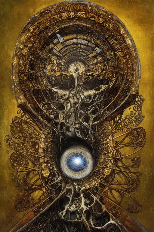 Image similar to The Bone Hammer by Karol Bak, Jean Deville, Gustav Klimt, and Vincent Van Gogh, otherworldly, fractal structures, arcane, prophecy, ornate gilded medieval icon, third eye, spirals